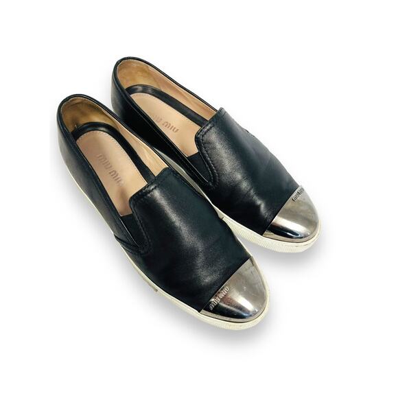MIU MIU Black Leather Logo Metal Cap Toe Slip On Sneakers Shoes Size EU 36 US 6 - Picture 5 of 10